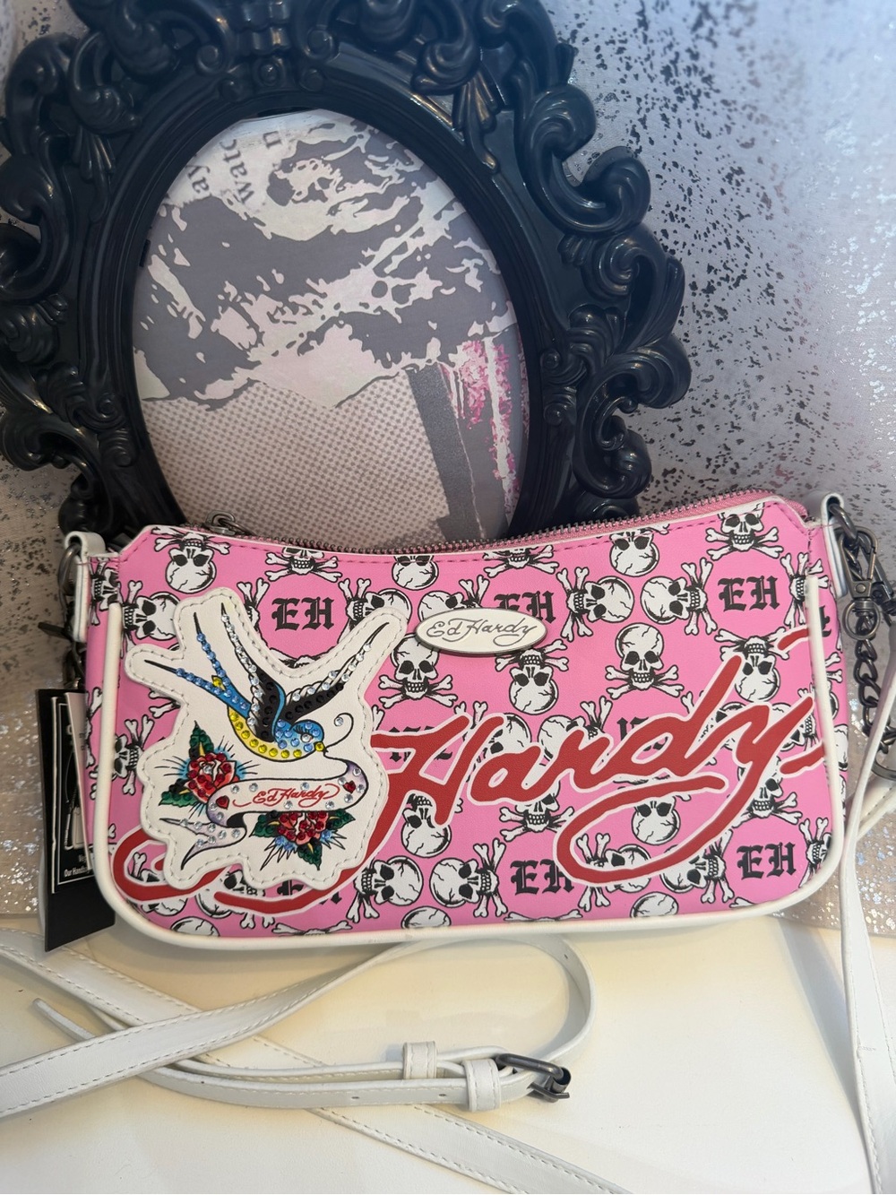 Ed Hardy Pink / White Skull Shoulder Bag with White Crossbody Strap